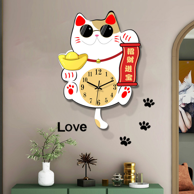 2025新款餐厅招财猫大气钟表挂钟客厅网红创意表家用简约挂墙时钟,淘宝优惠券,粉丝福利购,淘宝优惠卷
