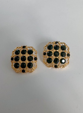 中古复古风黑金打标镂空方糖毛衣链耳钉套装