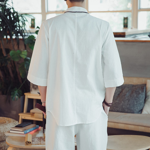 夏季禅服中式纯棉手工盘扣唐装外套改良汉服对襟道袍居士服茶服男 - 图2