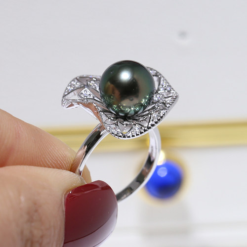 DIY配件 S925纯银珍珠戒指空托 简约镂空款指环半成品配9-10mm - 图1