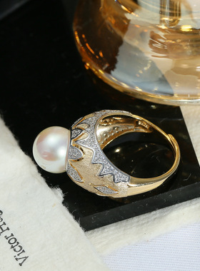 DIY配件S925纯银轻奢珍珠戒指空托半成品双色指环戒银托材料10-11