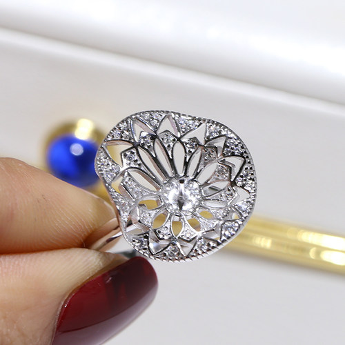 DIY配件 S925纯银珍珠戒指空托 简约镂空款指环半成品配9-10mm - 图2