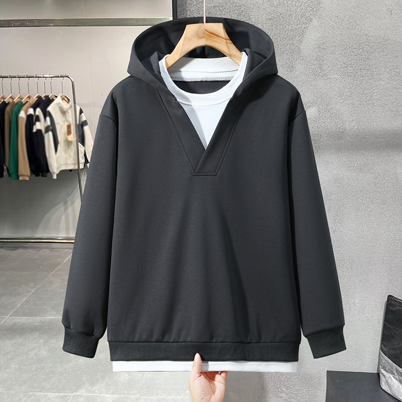 轻奢大码春秋款时尚连帽卫衣男潮流假两件宽松加肥加大上衣300斤