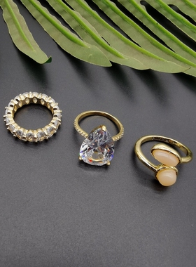 外贸饰品A10新款质感异形黄铜镀真金镶嵌锆石街拍走秀戒指指环