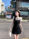 Chi Umbrella Berlin Art Exhibition Hollow lace jacquard polka dot shirt & covered button waist suspender skirt for women