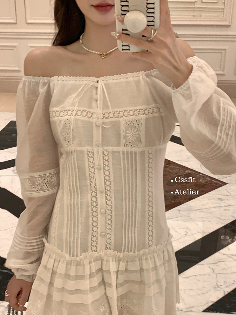 迟伞伞 25/ss 花束般恋爱 刺绣初恋2way小白裙蕾丝拼接系带连衣裙 - 图2