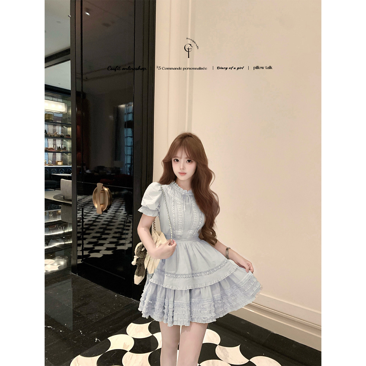 迟伞伞25/ss 巴黎小雨 蓝灰蕾丝蝴蝶结纯棉重工泡泡袖花边连衣裙 - 图3