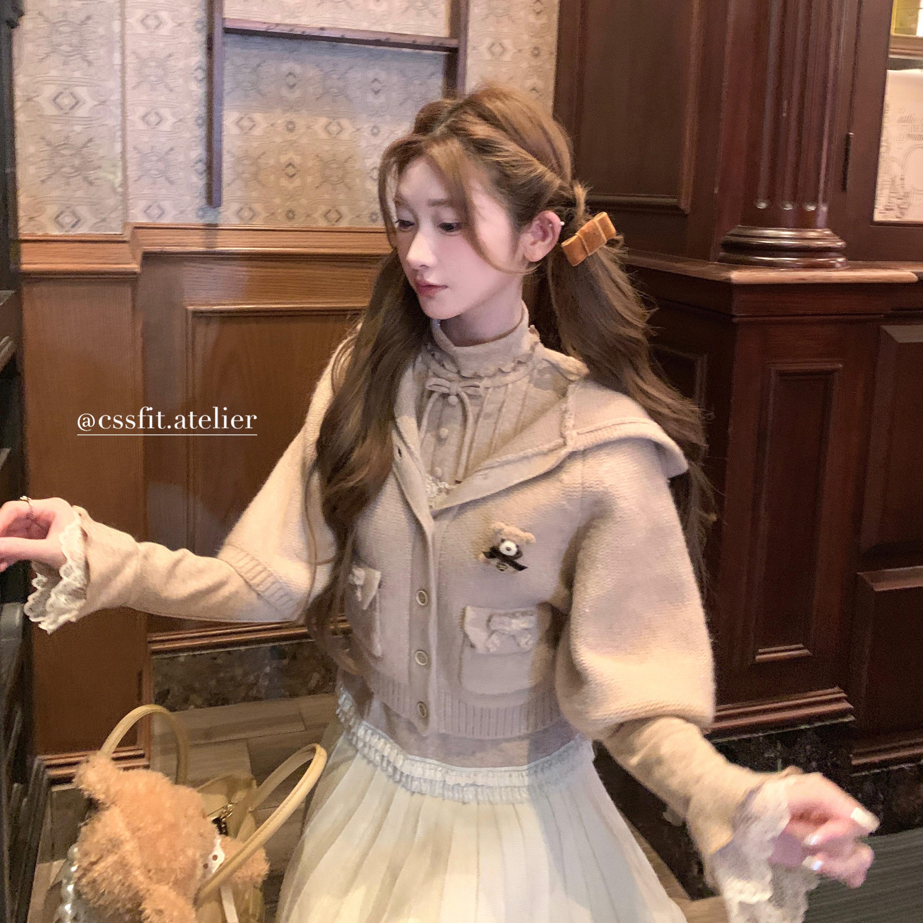 迟伞伞25/ss 布雷巧啡 藕荷色蝴蝶结斗篷开衫燕麦奶长袖打底套装 - 图1