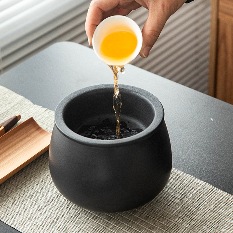 黑陶茶渣缸陶瓷茶洗建水过滤带盖废水缸孟大号桌面垃圾桶茶水分离 - 图2