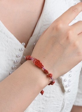 天然原矿朱砂 帝王砂单圈编织手链