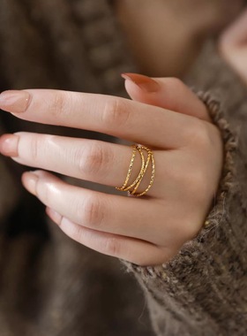 法式ins多层弯曲设计感钛钢戒指 文艺时尚个性镀18K金食指指环女