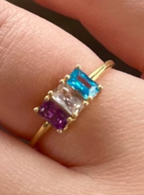 欧美时尚新款小众设计彩色方锆石戒指细款钛钢镀18K金指环女中指