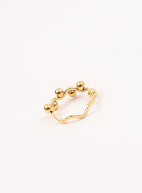 欧美时尚新款小众设计钛钢镀18K金波浪小圆珠戒指食指中指指环INS