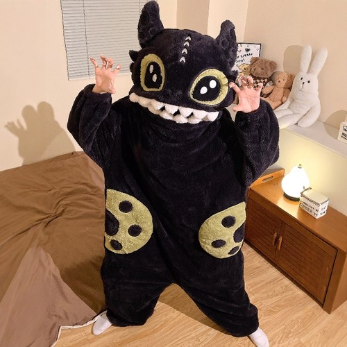 无牙仔连体睡衣女秋冬季珊瑚绒搞怪可爱卡通男女大码可外穿家居服 - 图0