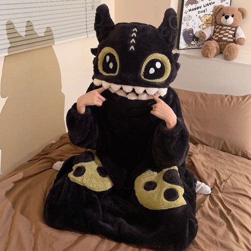 无牙仔连体睡衣女秋冬季珊瑚绒搞怪可爱卡通男女大码可外穿家居服 - 图2