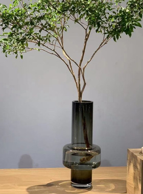 现代北欧极简烟灰透明玻璃花瓶摆件家居样板房装饰品百合水养水培