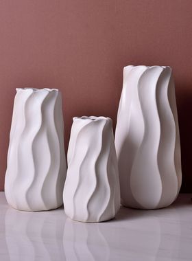 亚光莫兰迪白绿黄粉红色陶瓷花瓶三件套家居装饰花器工艺品摆件
