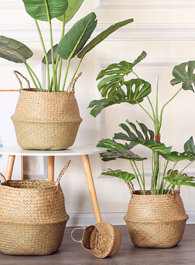 北欧海草编织花篮家居客厅琴叶花盆摆件花篮藤编手提草编花盆家居