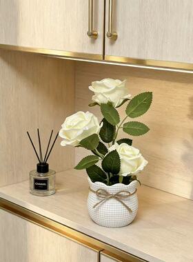 麻绳波浪盆仿真玫瑰花盆栽室内家居摆设装饰客厅摆件高颜值仿真花