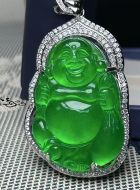 天然云南冰种满绿镶嵌独龙玉佛公