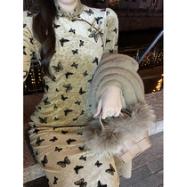 TYANG II goat design butterfly new Chinese retro country wind fur sleeves gush with improved version velvet qipao autumn winter