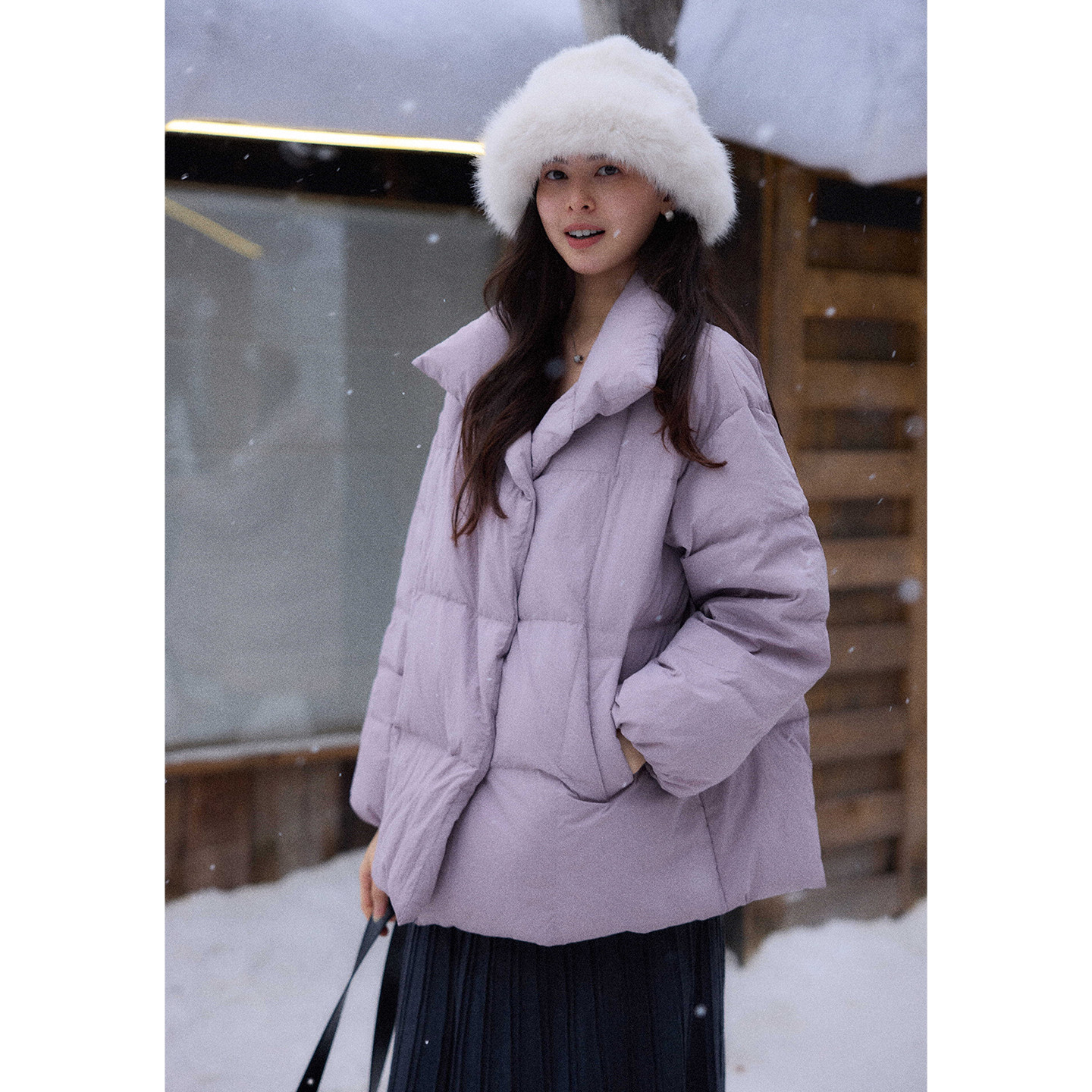 贰羊设计【知沐】短款立领羽绒服女收腰系带宽松显瘦百搭紫色外套