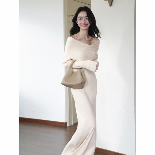 High-end purple French one-shoulder long skirt