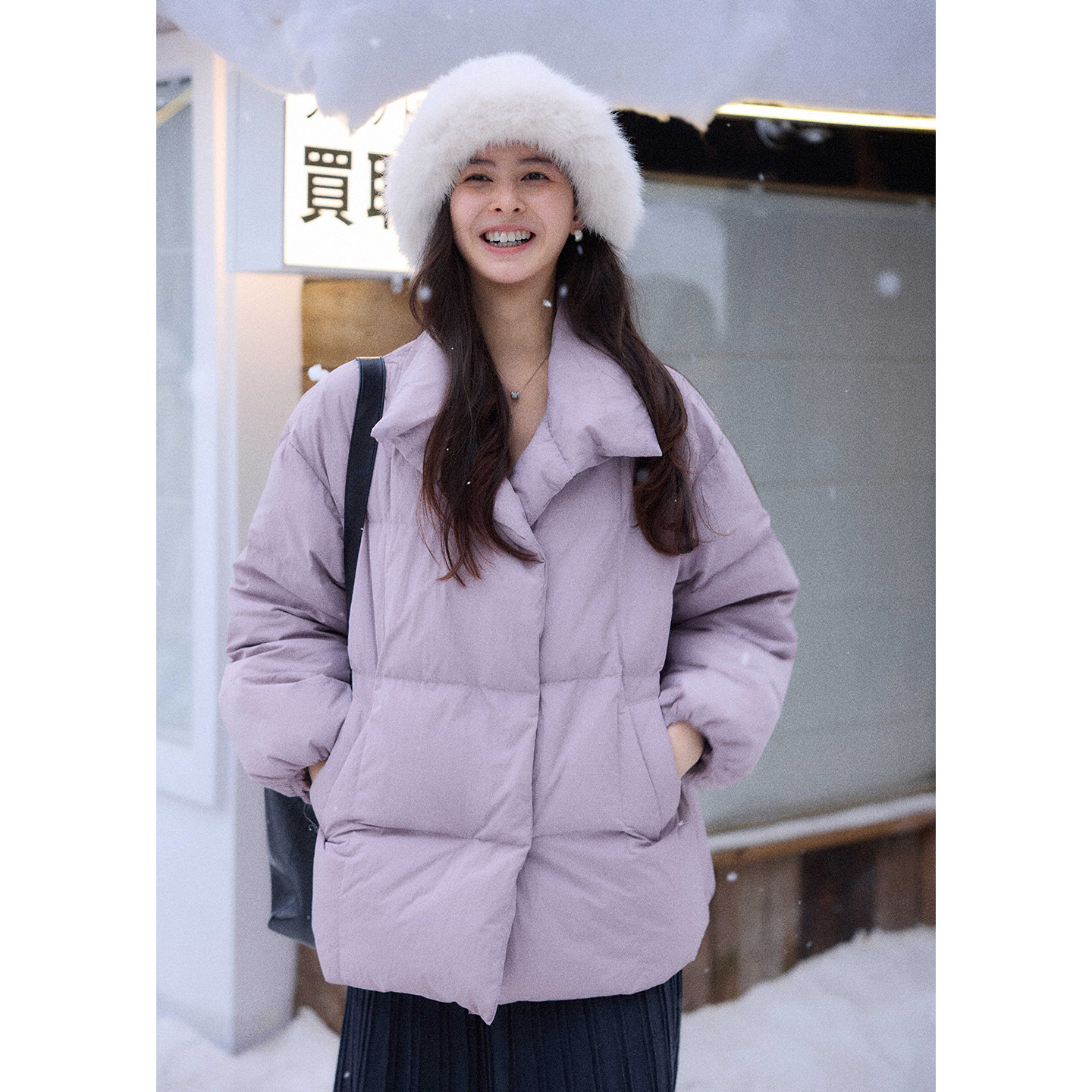 贰羊设计【知沐】短款立领羽绒服女收腰系带宽松显瘦百搭紫色外套