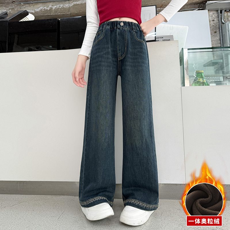 一体绒女童牛仔裤秋冬装女大童窄版显瘦阔腿裤初中生洋气炸街裤子 - 图0