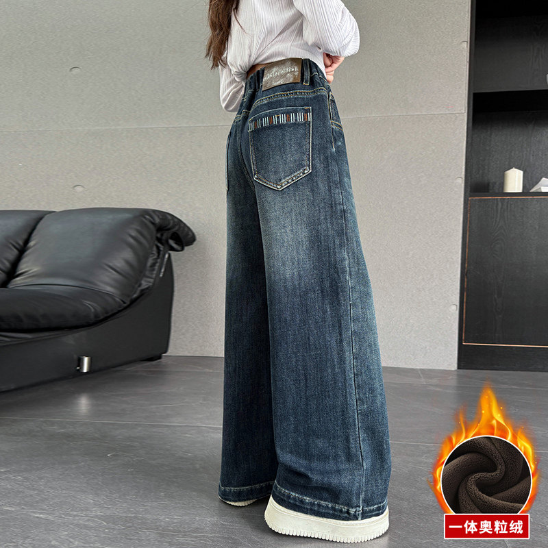 一体绒初中学生牛仔裤秋冬款2025新款女儿童冬季加绒直筒阔腿裤子,淘宝优惠券,粉丝福利购,淘宝优惠卷