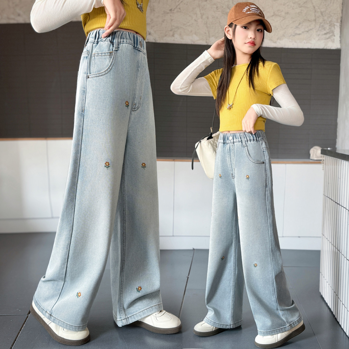 女童春装刺绣牛仔阔腿裤2026新款中大童宽松直筒长裤洋气学生裤子,淘宝优惠券,粉丝福利购,淘宝优惠卷