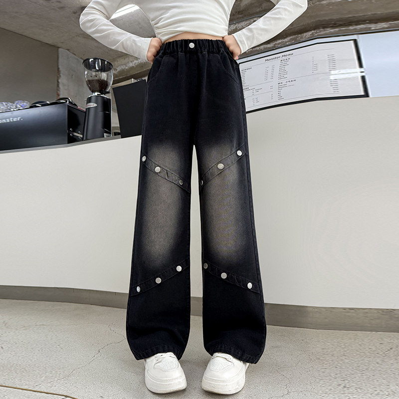 黑色铆钉风牛仔裤女童2026新款中大童阔腿裤中学生宽松洋气长裤子,淘宝优惠券,粉丝福利购,淘宝优惠卷