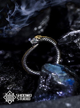 手午原创｜世界衔尾蛇祖母绿戒指925银男女情侣嘻哈朋克蛇形活口