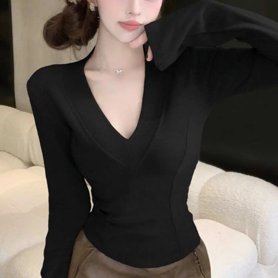 千朔新款辣妹秋装纯欲V领上衣时尚百搭T恤修身显瘦打底衫女内搭,淘宝优惠券,粉丝福利购,淘宝优惠卷