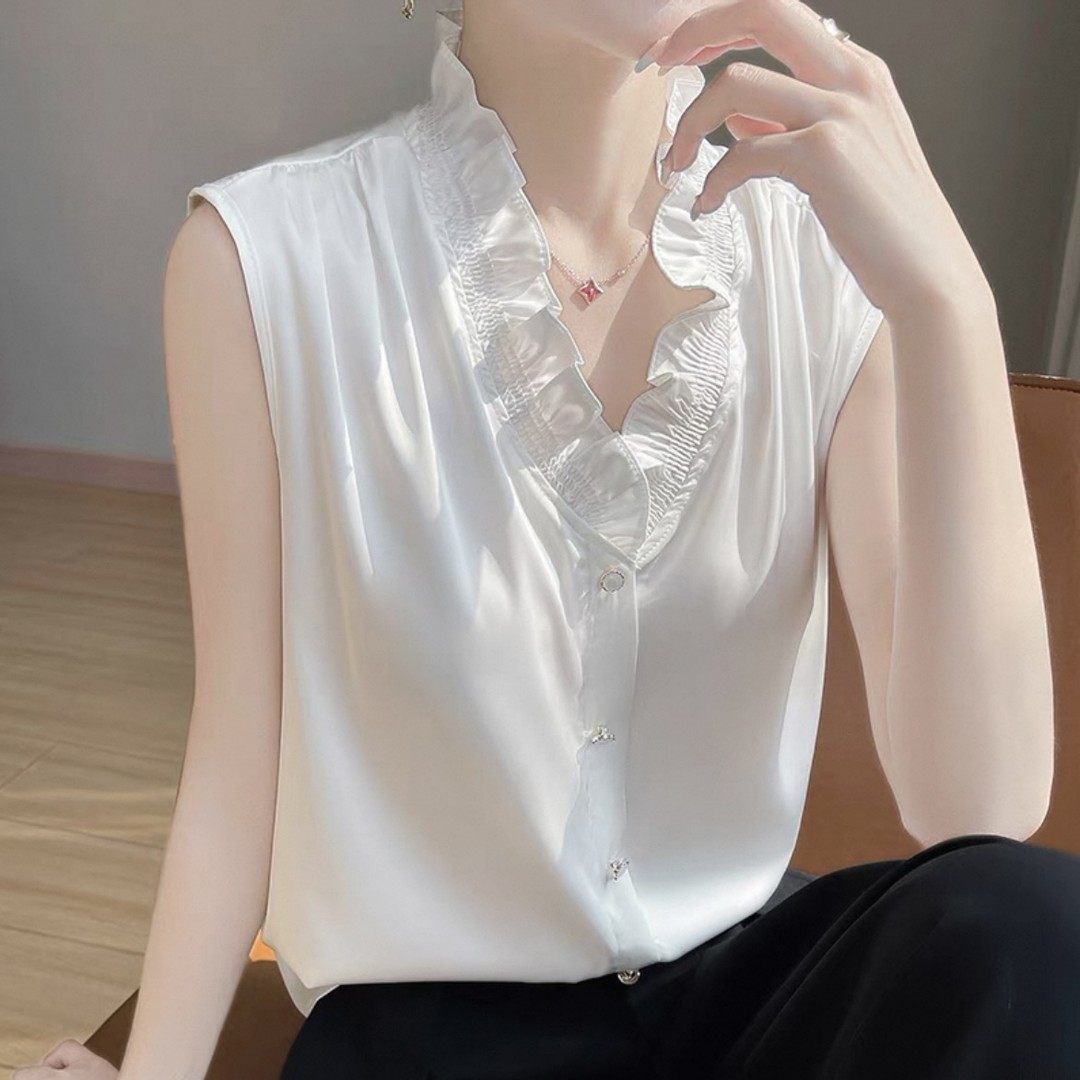 法式V领木耳花边丝滑缎面无袖背心气质内搭女叠穿百搭打底秋季,淘宝优惠券,粉丝福利购,淘宝优惠卷