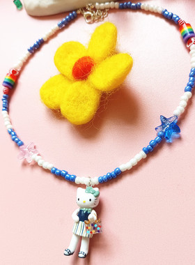 日韩卡通可爱水晶绿色蓝色长腿KT猫咪项链少女心网红锁骨链颈链女