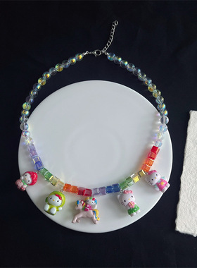 日韩卡通kt碎石彩色水晶项链女生可爱KT猫咪短链多巴胺锁骨链颈链