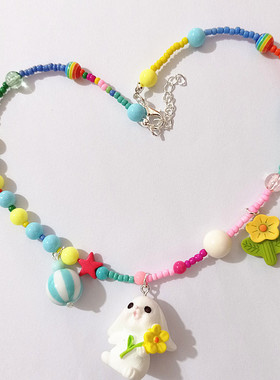 七彩混色串珠可爱小白兔项链