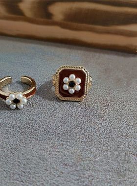 法式红色花朵珍珠滴油开口戒指