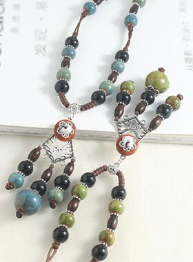 景德镇复古陶瓷串珠项链长款民族风吊坠挂件旅游衣服配饰毛衣链