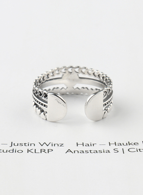 韩国东大门925纯银黑色爱心戒指多层个性潮暗黑复古开口指环银饰