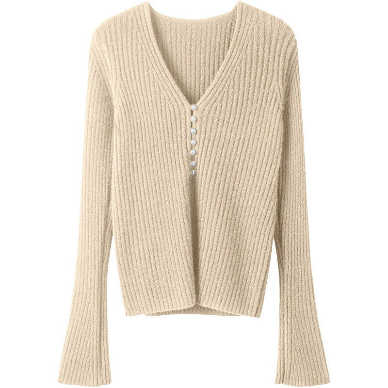 一方惊艳！简约好穿珍珠扣V领纯羊绒针织开衫女喇叭袖夏季毛衣,淘宝优惠券,粉丝福利购,淘宝优惠卷