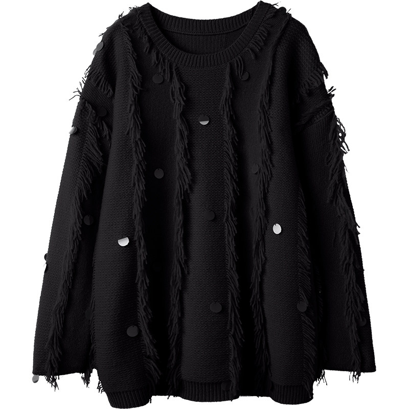 上身无法形容的漂亮！加厚手工亮片羊绒衫女圆领纯羊绒毛衣宽松冬