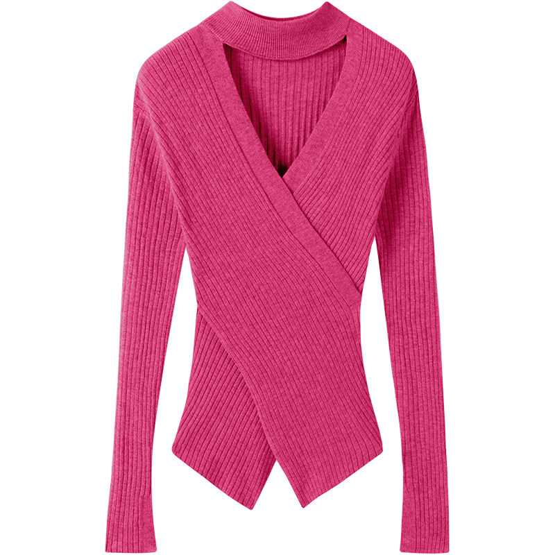 高品质法宝~不规则交叉V领挂脖羊绒针织衫女修身纯羊绒打底衫,淘宝优惠券,粉丝福利购,淘宝优惠卷