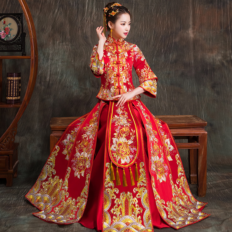 抖音同款秀禾服新娘2018新款結婚龍鳳褂中式婚紗敬酒服出閣服禮服