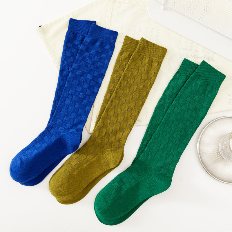 棋盘格小腿袜女秋冬纯棉双针长筒袜子ins潮百搭复古学院风及膝袜,淘宝优惠券,粉丝福利购,淘宝优惠卷