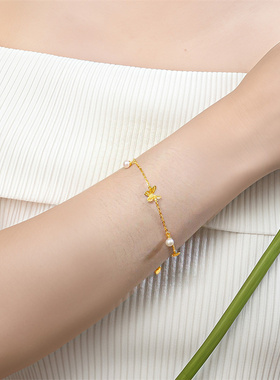 【新品】诗普琳 足金黄金镶嵌珍珠蝴蝶手链 手饰送礼送妈妈送女友