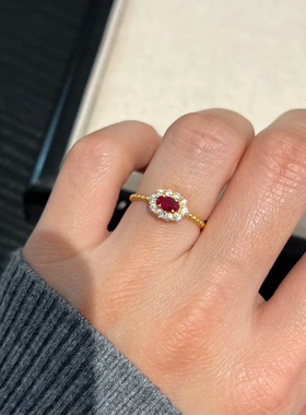 培育红蓝宝石925银镶钻复古女戒