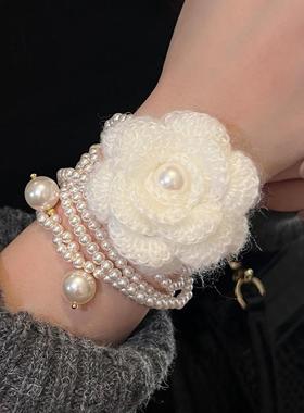 毛线花朵圆球珍珠项链法式复古