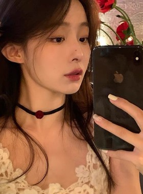 酒红玫瑰choker颈链项圈女小众设计感丝绒项链2024新款